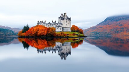 Majestic Castle on Autumnal Island Reflected in Calm Lake Waters