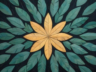 Abstract Teal and Gold Leaf Mandala Artwork Nature Inspired Design Decorative Botanical Pattern
