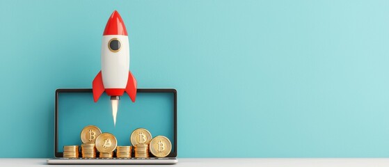 Bitcoin Cryptocurrency Investment Rocket Launch Startup Success on Laptop