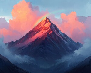 Majestic Mountain Peak at Sunset with Rainbow Dramatic Cloudscape Digital Painting Artwork