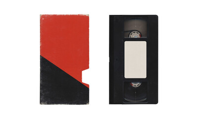 Blank red and black cover sleeve and VHS videocassette, front sides, mockup on transaparent background