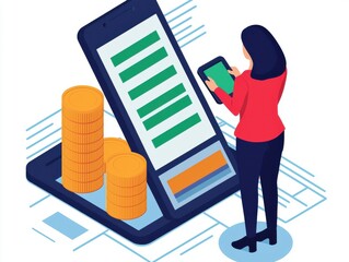 Woman Using Mobile App for Online Banking Finance Management and Investment Tracking with Coins