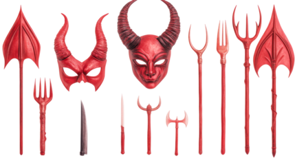 Collection red devil masks, pitchforks set against black, cut out transparent