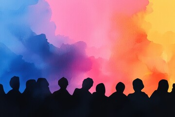 Colorful Abstract Watercolor Background with Silhouettes of People Watching an Event