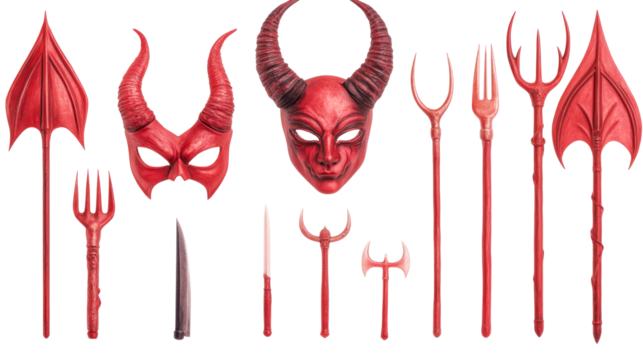 Collection red devil masks, pitchforks set against black, cut out transparent