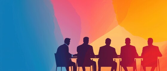 Silhouetted Businesspeople Meeting Colorful Abstract Background Corporate Teamwork Concept