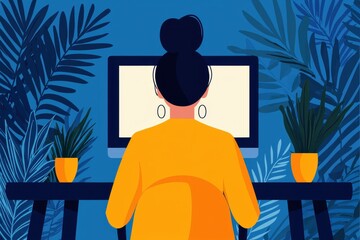 Woman Working from Home at Computer Back View Tropical Plants