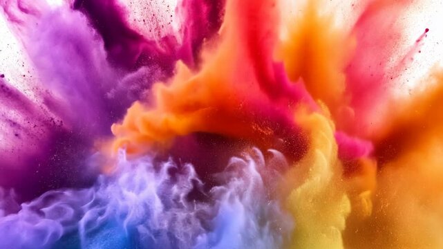 Exploding vibrant color powder in abstract dynamic cloud of orange, purple and pink