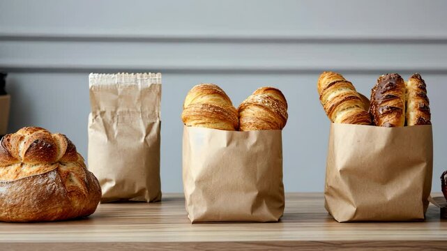 A fresh bakery delivery setup with pastries and bread displayed in minimalist packaging. digital