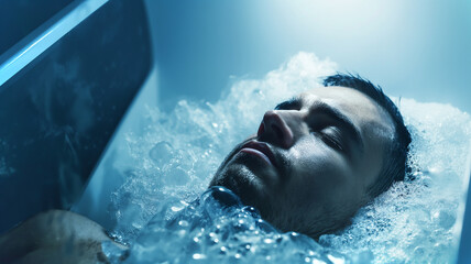 This Subject undergoes cryonics procedure, suspended in liquid, symbolizing future preservation methods.