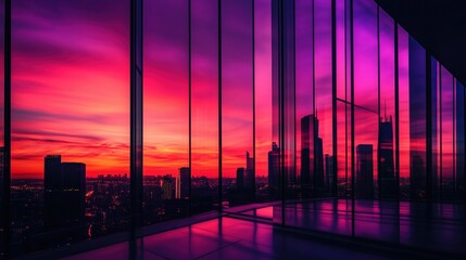 Fototapeta premium Abstract Urban Skyline Reflection Background with Dramatic Sunset in Purple and Red Tones