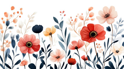 Watercolor floral illustration with red, orange, pink flowers, cut out transparent