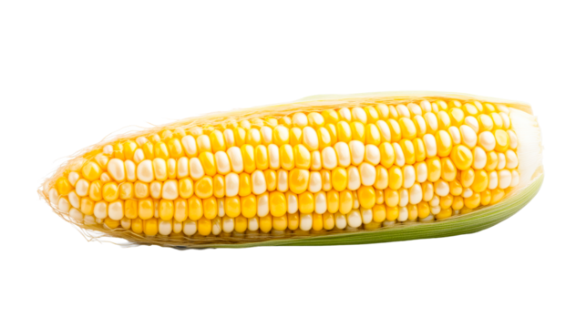 Corn cob with husk, close-up shot, fresh bicolor, cut out transparent