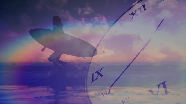 Animation of surfer holding board at sunset with clock face overlay