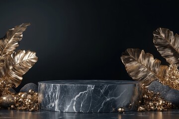 Luxurious dark marble pedestal adorned with gilded leaves, a symbol of elegance and sophistication against a deep black backdrop.
