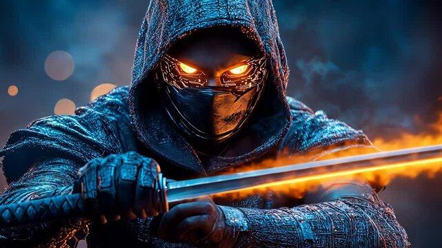 Dark ninja warrior with shiny eyes and sword footage. Man in hood with glowing blade and cybernetic mask motion picture. Futuristic assassin concept stock video clip