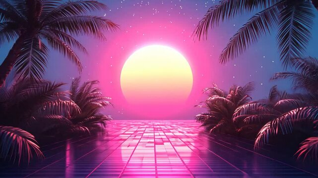 Retro 80s Vaporwave Sunset Beach Palm Trees Digital Art Video Footage. Synthwave Aesthetic Motion Graphic. Miami Vice, Tropical Vacation, Summer Holiday Theme Clip.