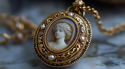 Vintage gold cameo pendant necklace featuring a delicate portrait carving and pearls.