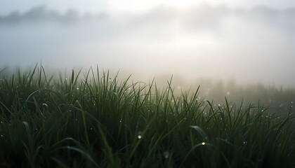 Obraz premium Morning Dew on Grass Blades with Foggy Background Nature Scene