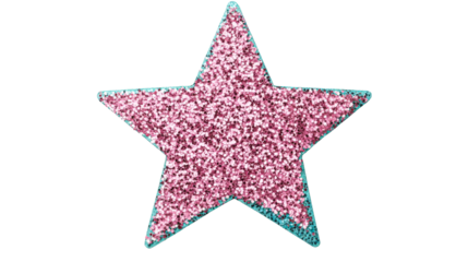 Pink glitter star with cyan outline on black background, cut out transparent