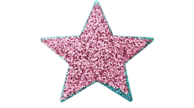 Pink glitter star with cyan outline on black background, cut out transparent - Powered by Adobe
