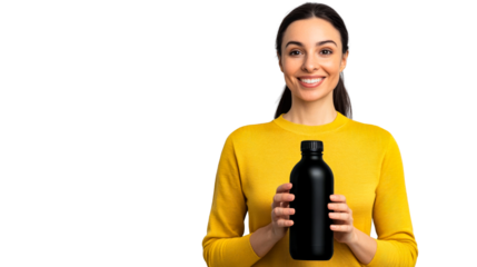Woman presents bottle, smiles, studio shot, cut out transparent