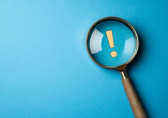 With a blue background, a magnifying glass surrounds a yellow warning triangle, leaving copy space, and symbolizing maintenance alerts, focusing on risk, inspection, and security concepts
