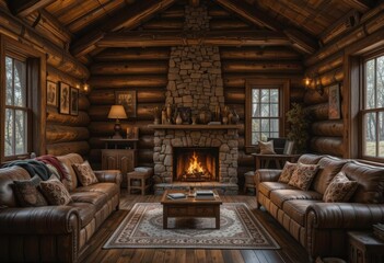  Log Walls and Crackling Fire A Detailed Interior Scene of a Welcoming Cabin Space