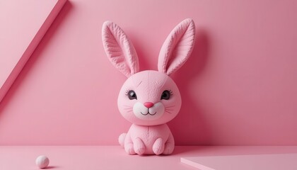 Obraz premium Modern Bunny Head Plush in Low Poly Style, Set Against an Angular, Geometric Pink Background