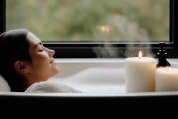 Woman relaxing in bathtub surrounded by lit candles enjoying spa treatment