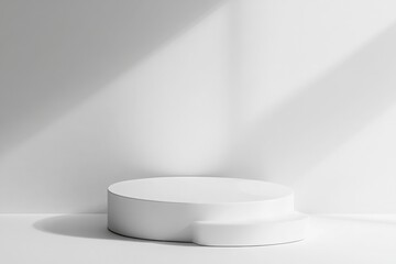A serene white platform bathed in soft sunlight, a minimalist display ready for your product, showcasing elegance and simplicity with gentle light and shadow.