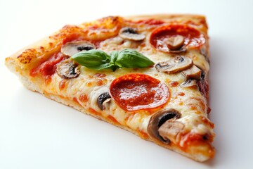 A transparent background showcasing a slice of pizza with melted cheese, pepperoni, mushrooms, and fresh basil leaves