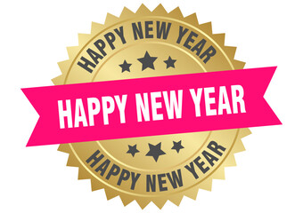 happy new year. happy new year round pink and gold label isolated on transparent background