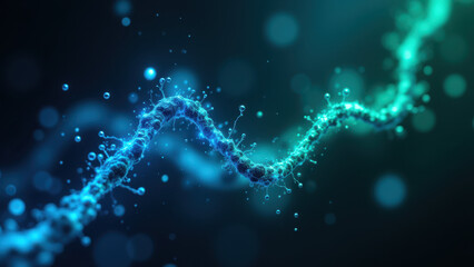 Computer-generated molecular structure of GLP1 with a colorful background featuring blue spheres and a flowing ribbon-like design representing its chemical bonds.