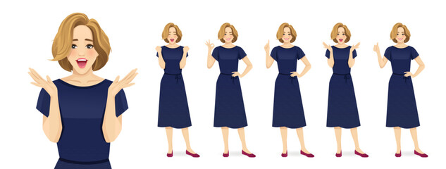 Beautiful business young blond woman wearing formal clothes in different poses set. Surprised, waving, pointing up, showing thumb up and ok sign. Isolated vector illustration