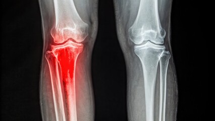 X-ray of human legs showing bone fracture highlighted in red