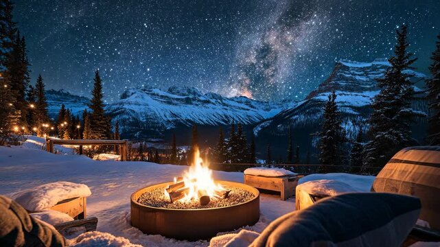 A mountain lodge with a cozy firepit and clean seating under the stars. digital