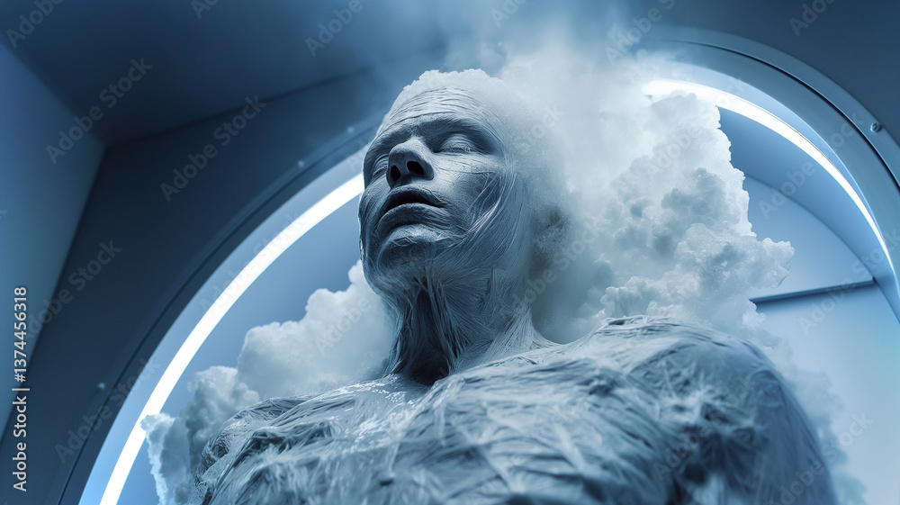 Poster this human figure preserved in cryogenic suspension within a high-tech environment for exploration.