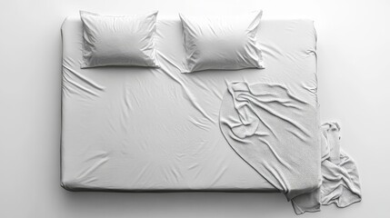 An overhead view of a white bed mockup, isolated on a white background. The bed is shown with an empty blanket and pillows on a bedstead