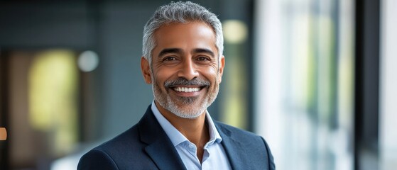 Happy mid aged older business man executive standing in office. Smiling 50 year old mature confident professional manager, indian businessman investor looking at camera, headshot close up portrait