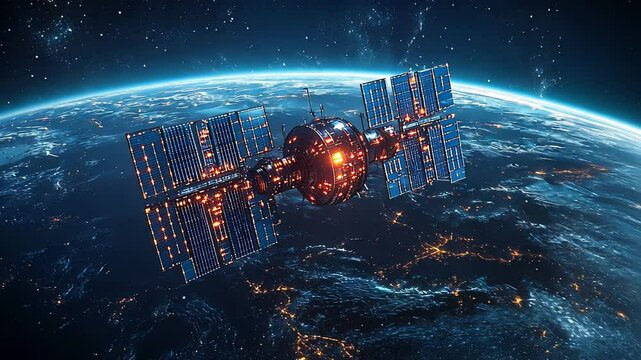 Satellite orbiting the earth stock video. Modern technology motion picture. Space station clip. Space technology footage with solar panels and city lights. - Powered by Adobe