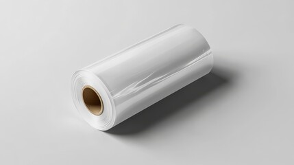 A white background featuring an isolated roll of plastic stretch wrap film