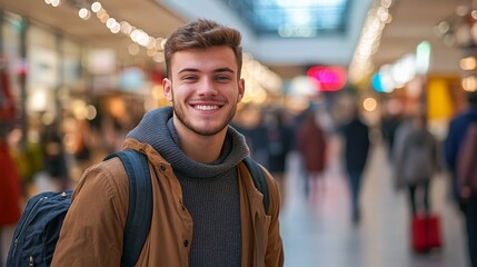 Confident Young Man Smiling in Busy Urban Street With Vibrant City Crowd in Background on Bright Day