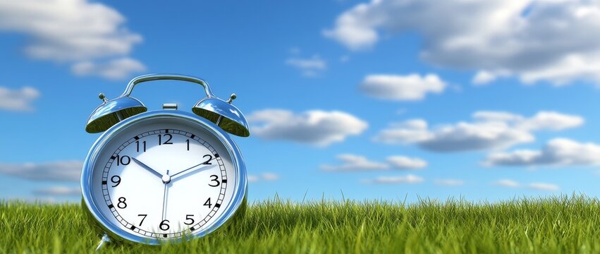 The AI-created photo illustrates a beautiful blue sky with white clouds, representing the clock adjustment of one hour forward for Daylight Saving Time (DST)
