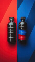 Two black bottles, red and blue background, product shot, healthy lifestyle