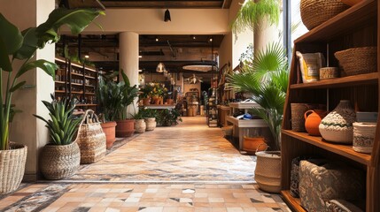 Rustic indoor marketplace with plants and handmade crafts