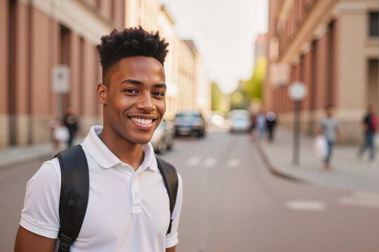 Confident African American Student Walking in Urban Setting – Young Man with Backpack Ready for Career Opportunities for Summer Job Search and Teenage Employment Resources