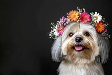 Naklejka premium Cute baby dog basenji wearing primal flower crown on its head - symbol of sunny summertime. Isolated blue background, copy space, ad creative design art. Professional studio visual.