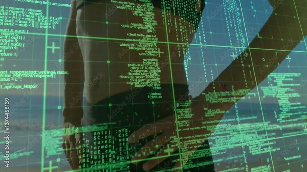 Poster Green digital code and data processing animation over person using computer