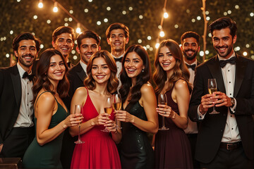 Diverse Group of Graduates in Formal Attire – Young Friends Celebrating with Champagne Toast for Prom Night Memories, Graduation Parties, and Academic Achievement Photography